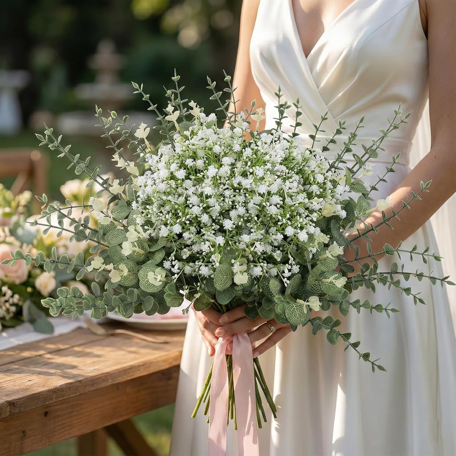 Baby Breath Artificial Flowers Bulk and Eucalyptus Leaves / Green and White / Set of 100