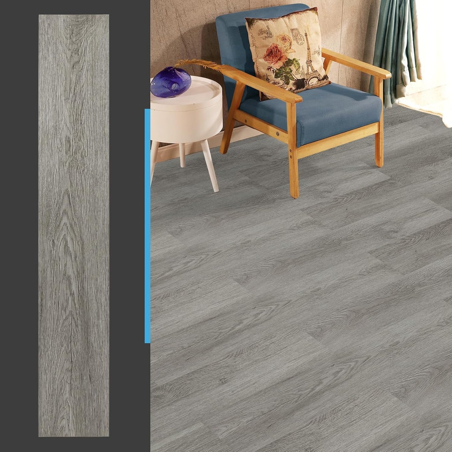 Peel and Stick Floor Tile Vinyl Wood Plank 54 Sq.Ft / 36 x 6 x 0.1 / Deep Grey / Set of 36