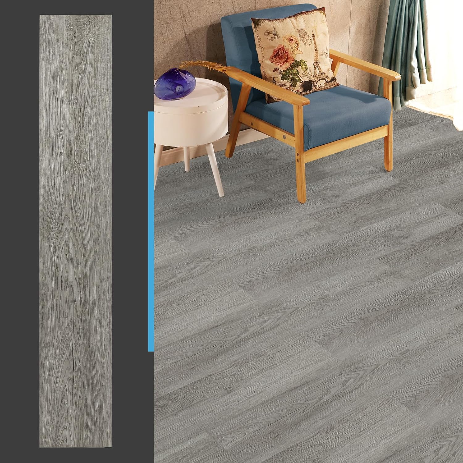 Peel and Stick Floor Tile Vinyl Wood Plank 54 Sq.Ft / 36 x 6 x 0.1 / Deep Grey / Set of 36