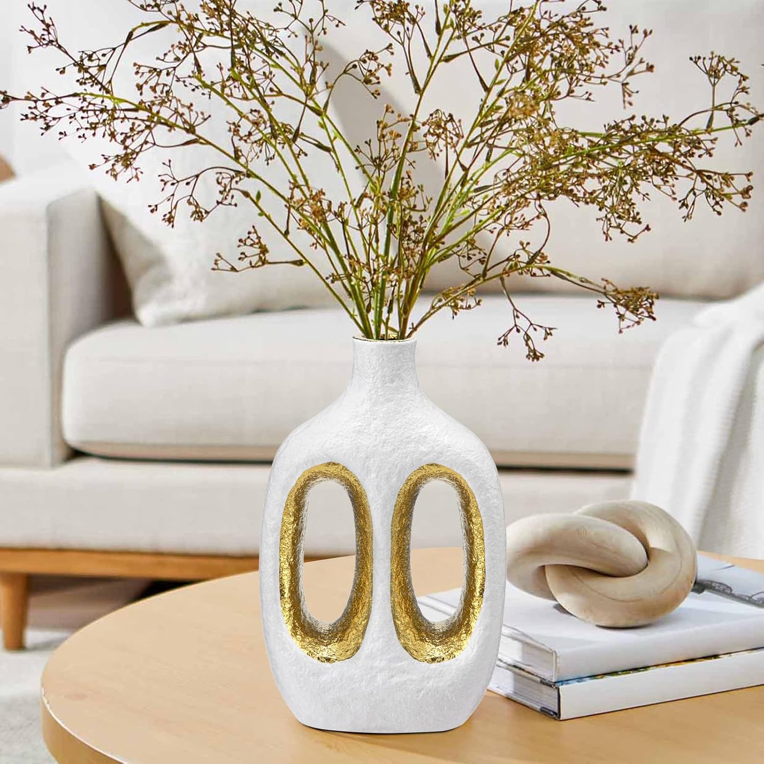 Modern Ceramic Vase Black Vases for Centerpieces Shelf / Double Hole / White + Gold / 9.4 Inch