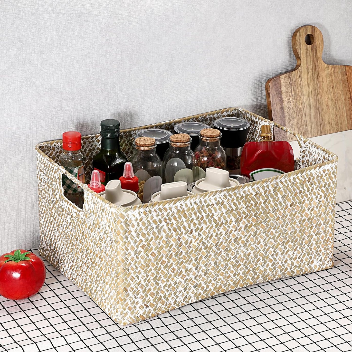 Seagrass Storage Basket Bin Rectangular Handwoven Wicker / 16.1 x 11.8 x 7.7 / Large / Whitewash