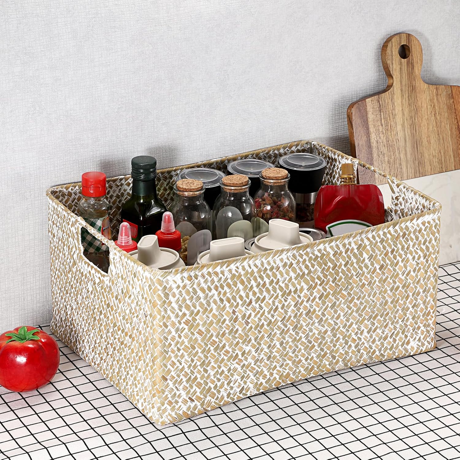 Seagrass Storage Basket Bin Rectangular Handwoven Wicker / 16.1 x 11.8 x 7.7 / Large / Whitewash