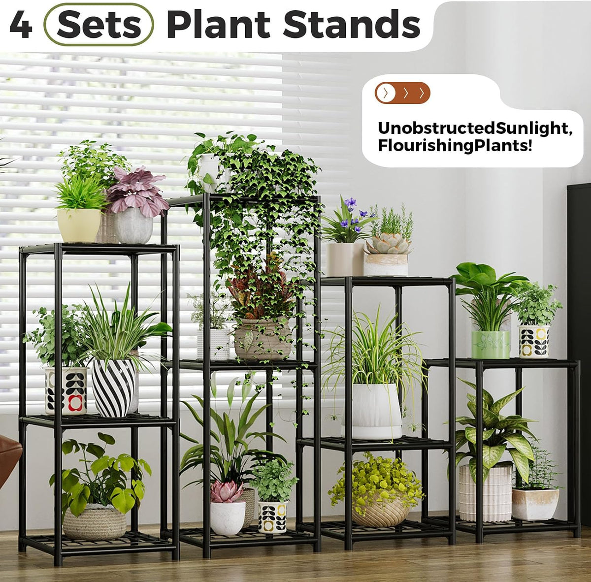 Bamworld Plant Stands Indoor 4 Sets Plant Shelves Outdoor | Metal Plant Holder for Multiple Plants Flower Stands for