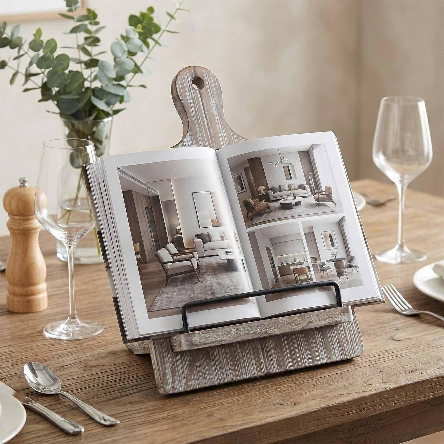 Wood Cookbook Stand Holder: Kitchen Adjustable Cookbook Holder Recipe Stand | for Counter Gray