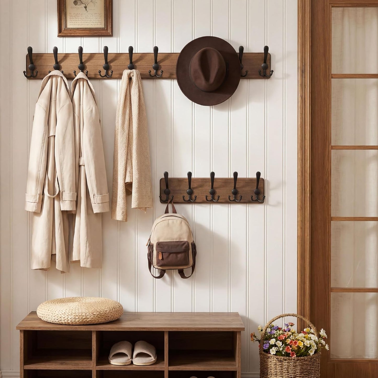 WEBI Rustic Coat Rack Wall Mount,Solid Wood Coat Hooks Wall Mounted Coat Hanger,16" Hole to Hole,Hook Rack Rail,5