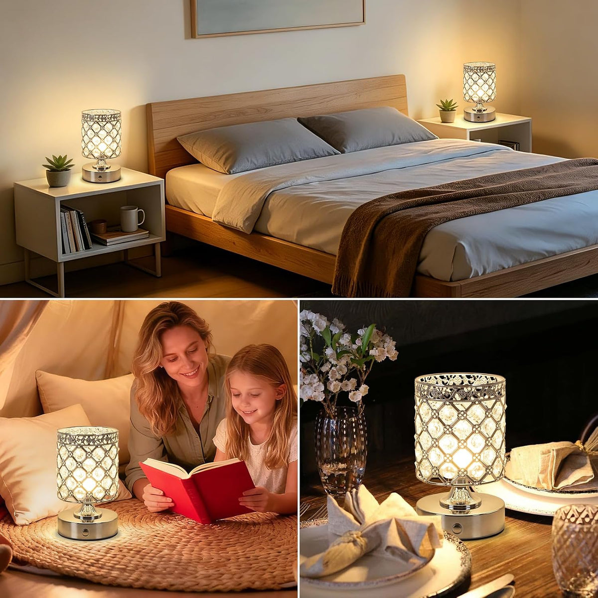 Silver Small Crystal Rechargeable Cordless Table Lamps Set of 2 | 6000mAh Battery, 3 Color Temps, Stepless Dimming