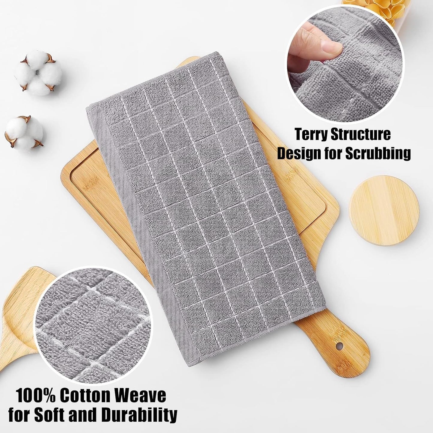 Homaxy 100% Cotton Terry Kitchen Dish Cloths, 12 Pack, Light Grey | Ultra Soft and Absorbent Dish Towels for Kitchen