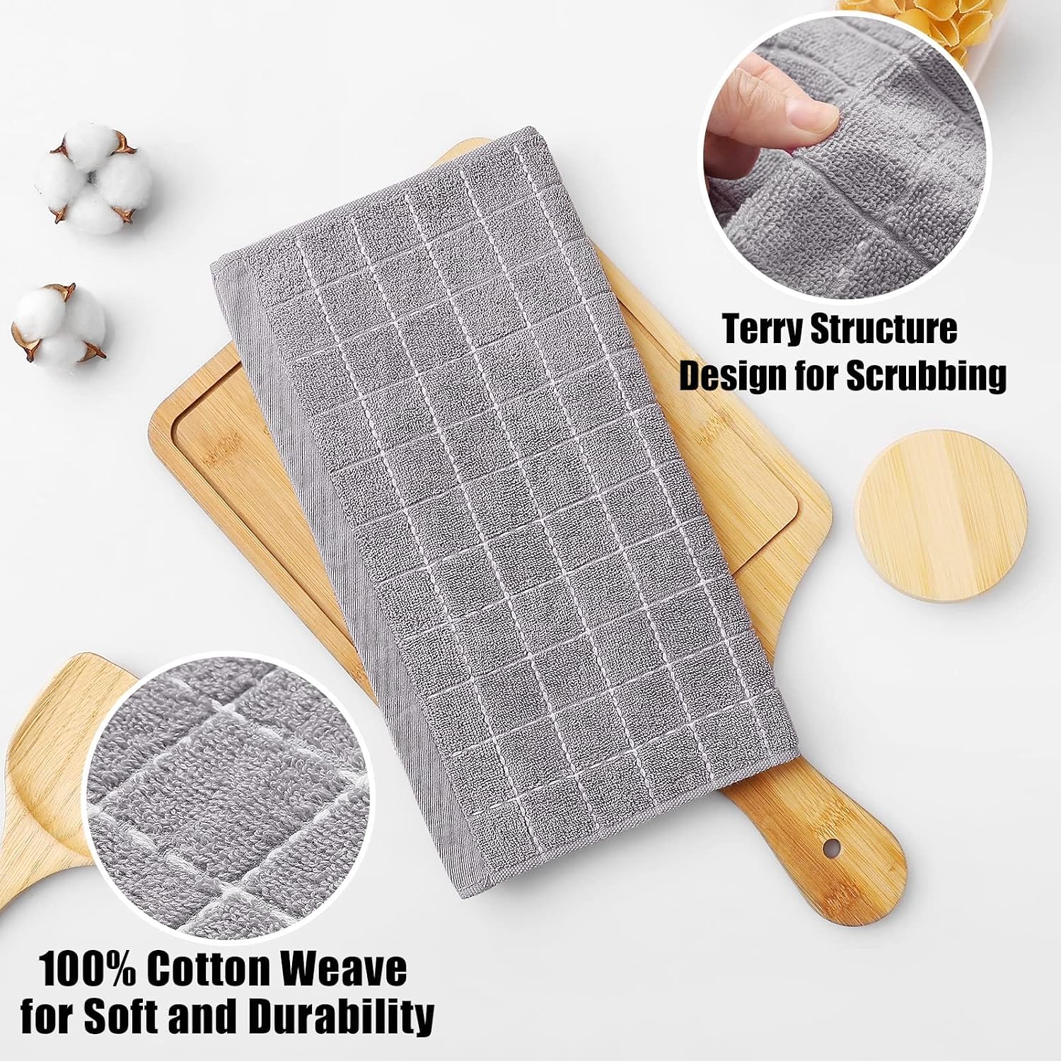 Homaxy 100% Cotton Terry Kitchen Dish Cloths, 12 Pack, Light Grey | Ultra Soft and Absorbent Dish Towels for Kitchen