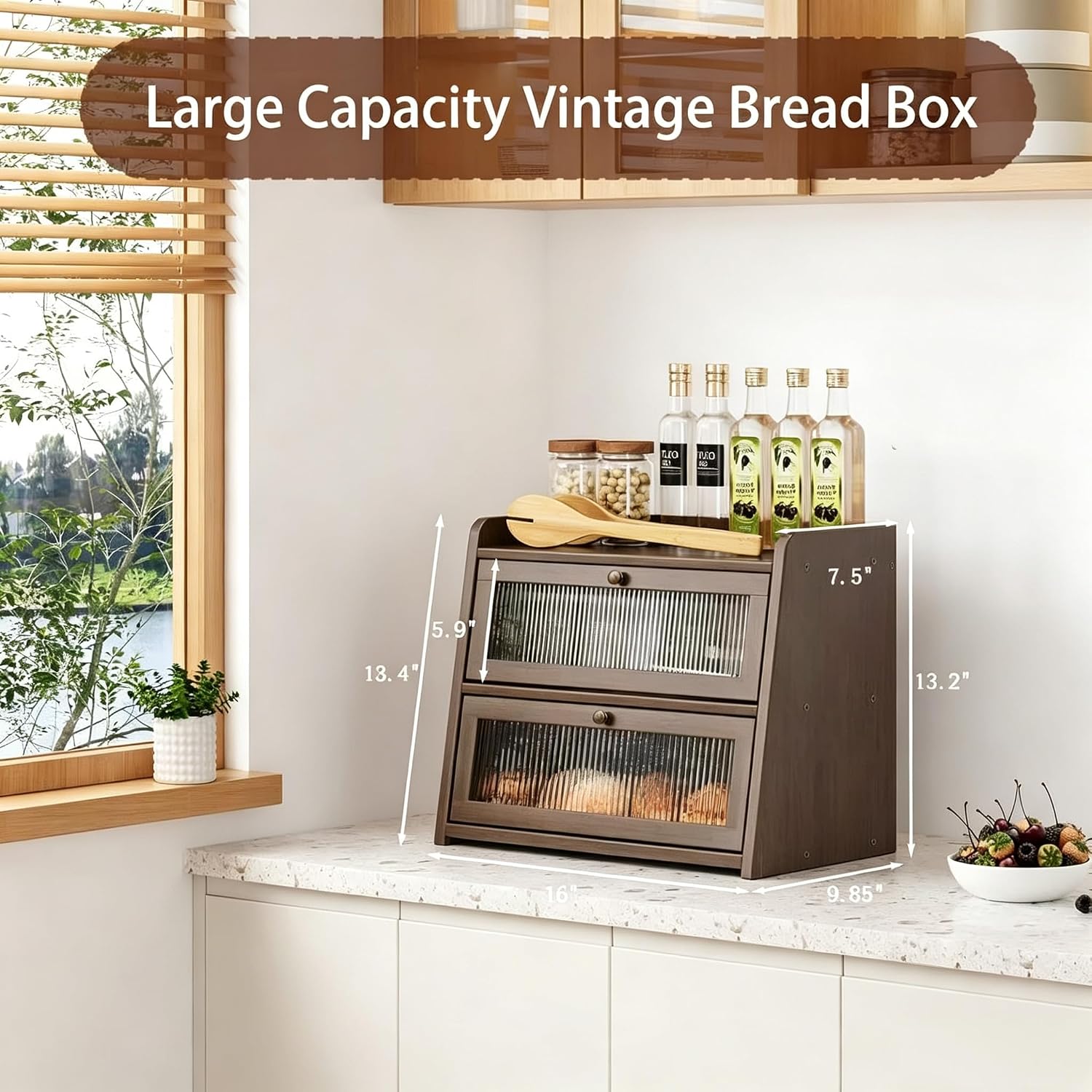 Large Bamboo Bread Box for Kitchen Countertop Bread Storage | Natural Bamboo, Corner Bread Box, Double Layer with Clear
