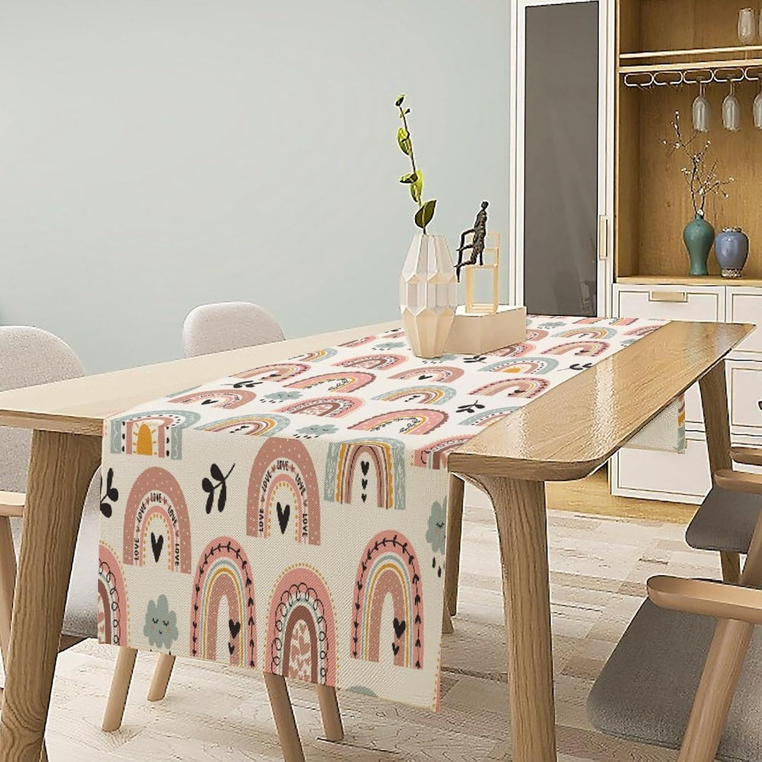 Boho Rainbow Table Runner Abstract Cute Cartoon Star and Leaf Pattern Printed Linen Table Runner for Home Kitchen