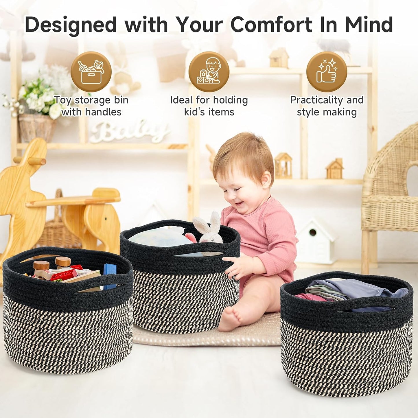 Round Woven Basket / Eight Black / Set of 3