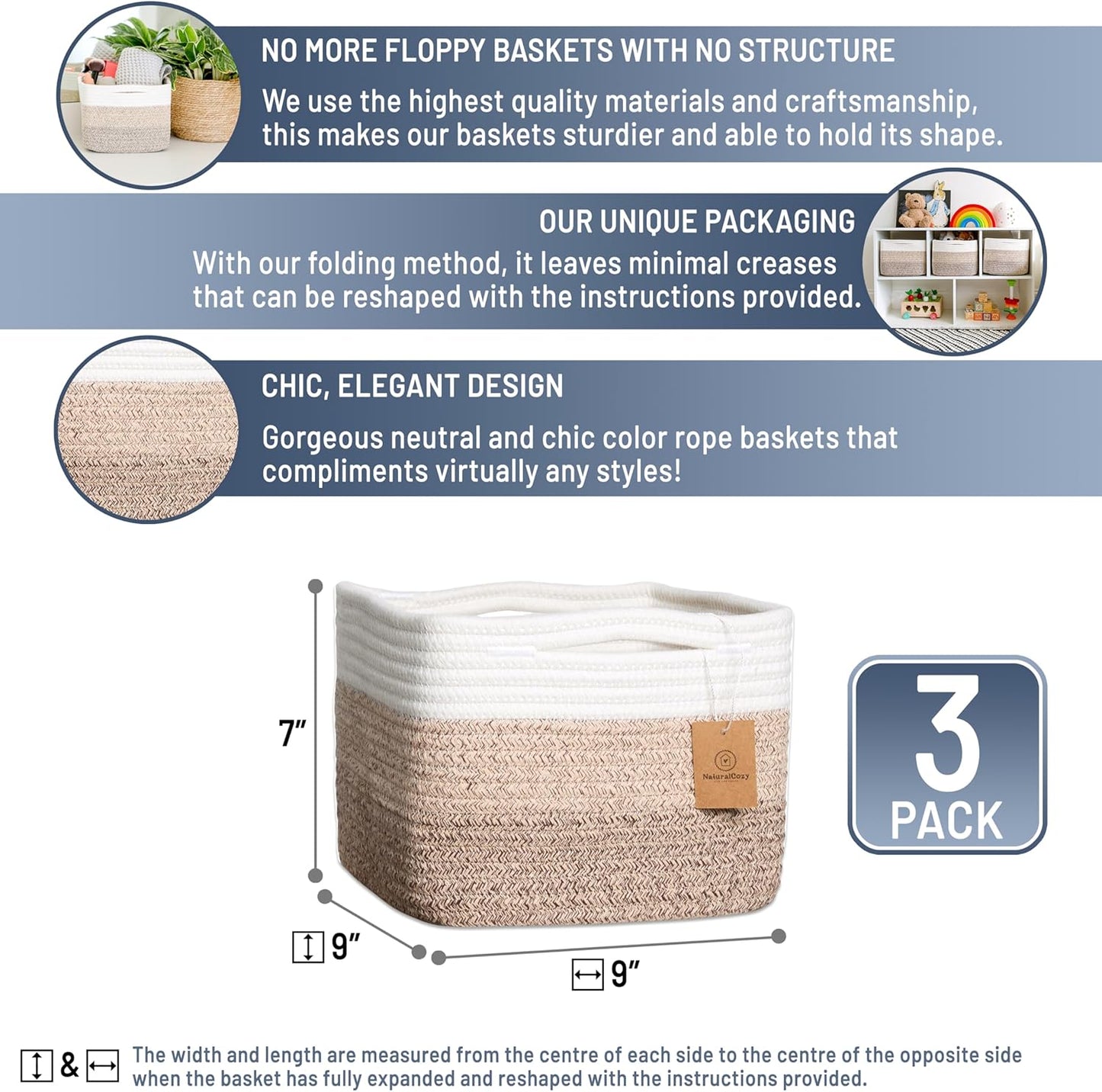 Storage Cubes "Cotton Rope Woven Baskets for Organizing / 3-tone Brown / 9 x 9 x 7 / Set of 3