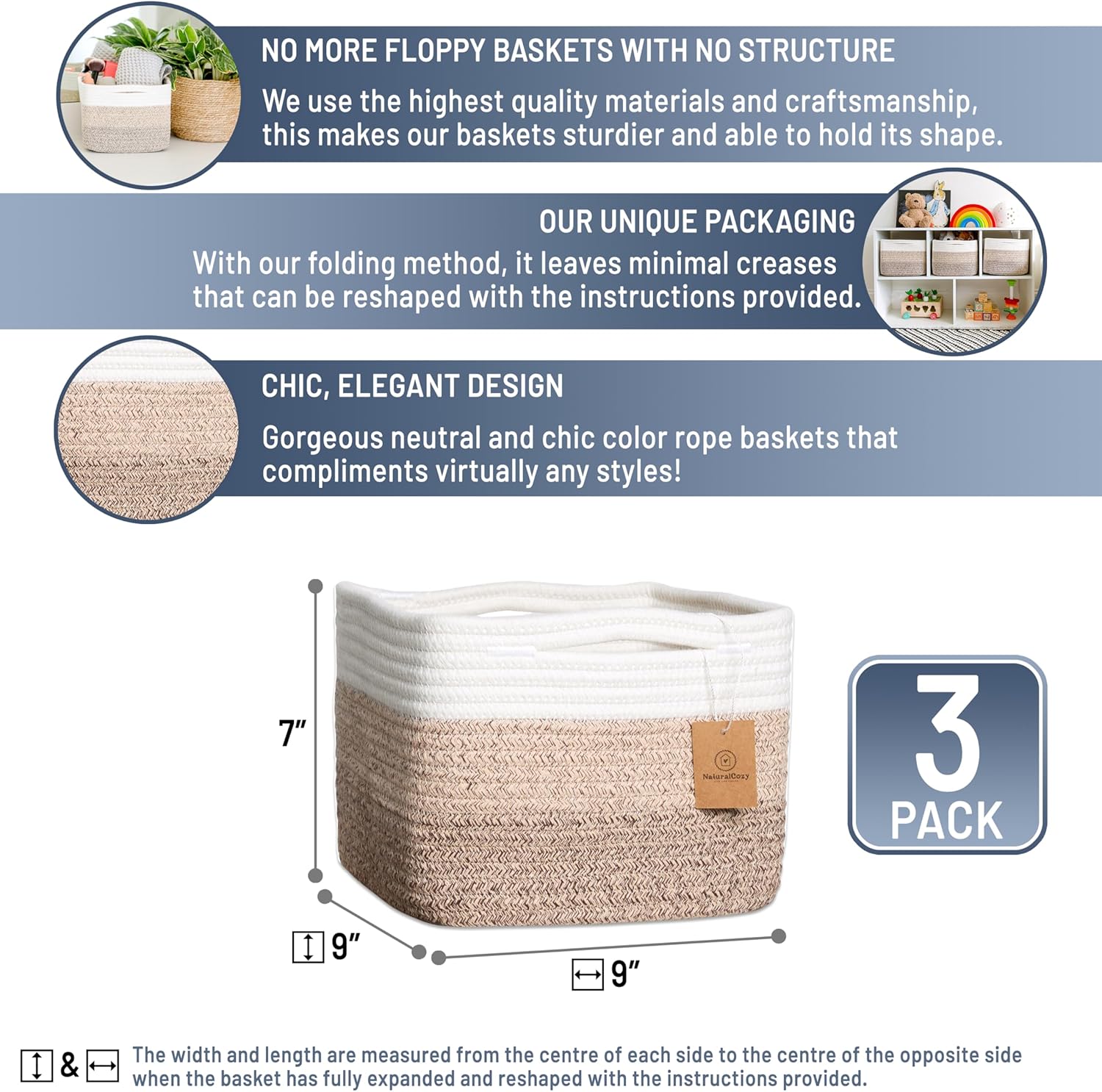 Storage Cubes "Cotton Rope Woven Baskets for Organizing / 3-tone Brown / 9 x 9 x 7 / Set of 3