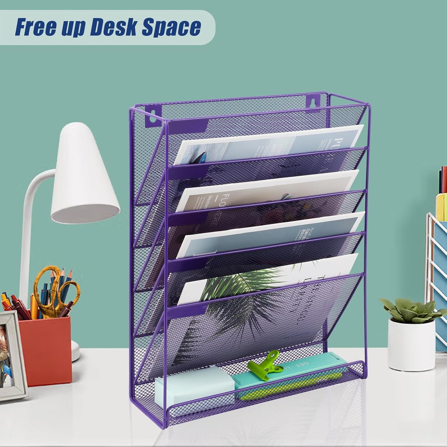 Desk File Organizer Mesh 6-Tier, Hanging Wall Mount Document Organization Stand, Desktop Vertical Mail Paper Folder