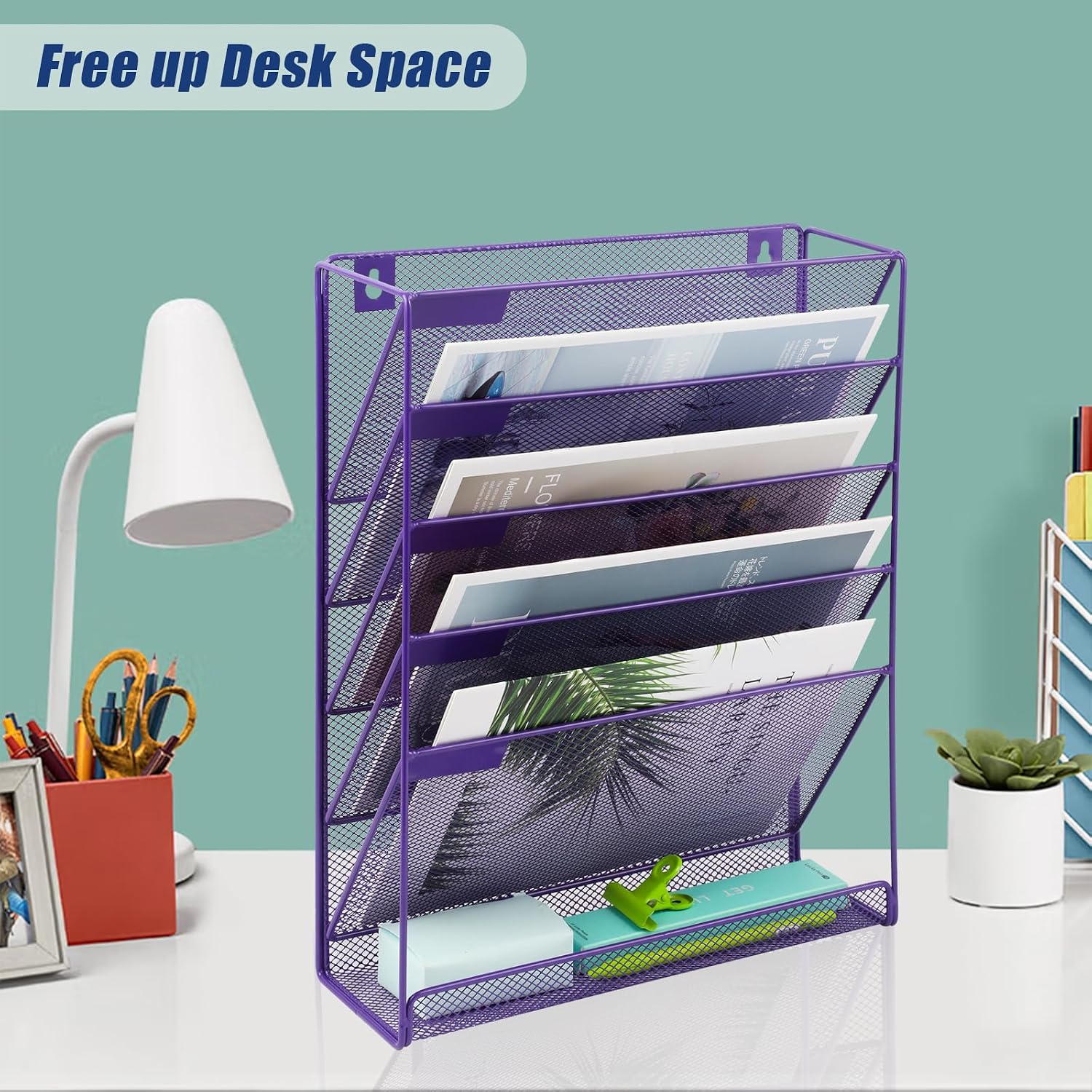 Desk File Organizer Mesh 6-Tier, Hanging Wall Mount Document Organization Stand, Desktop Vertical Mail Paper Folder