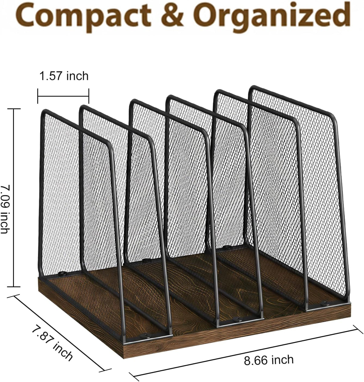5-Section Vertical File Organizer for Desk, Sturdy Wood Base & Metal Mesh Desktop File Holder, Upright Paper Folder