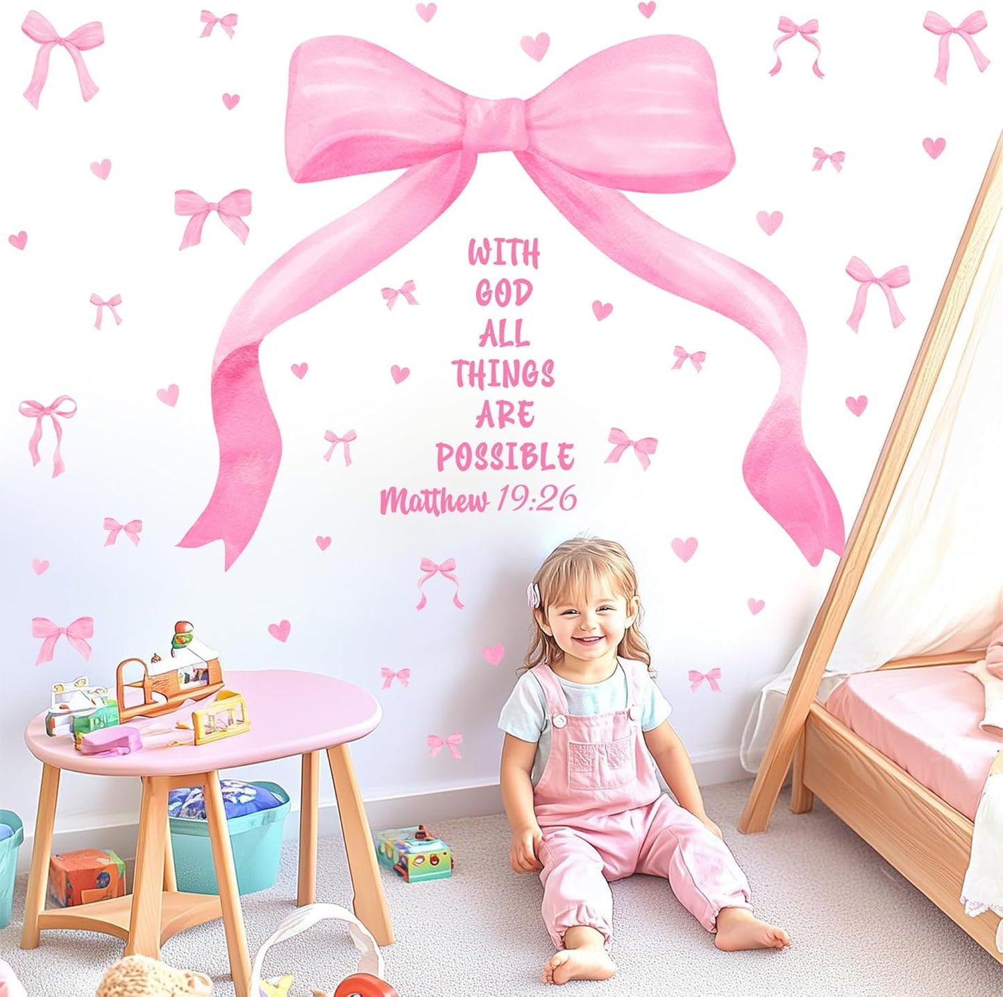 Large Watercolor Girls Room Wall Decals Pink Bow Wall Stickers Peel and Stick Pastel / Pink Bowtie