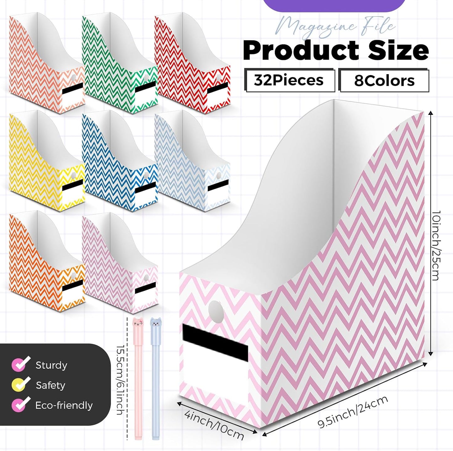 32 Pcs Cardboard Magazine File Holders Organizer, Solid, Striped | Foldable Magazine Boxes with Label Stickers, 8