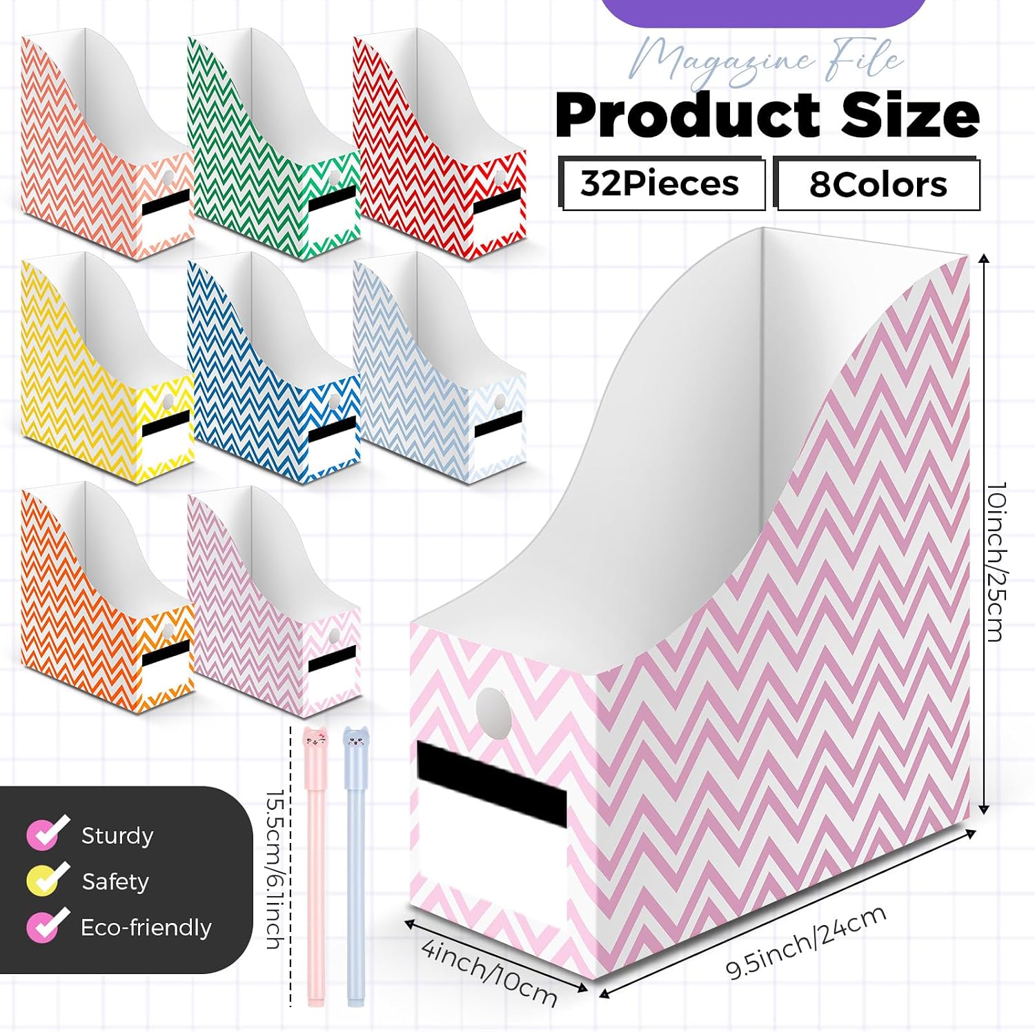 32 Pcs Cardboard Magazine File Holders Organizer, Solid, Striped | Foldable Magazine Boxes with Label Stickers, 8