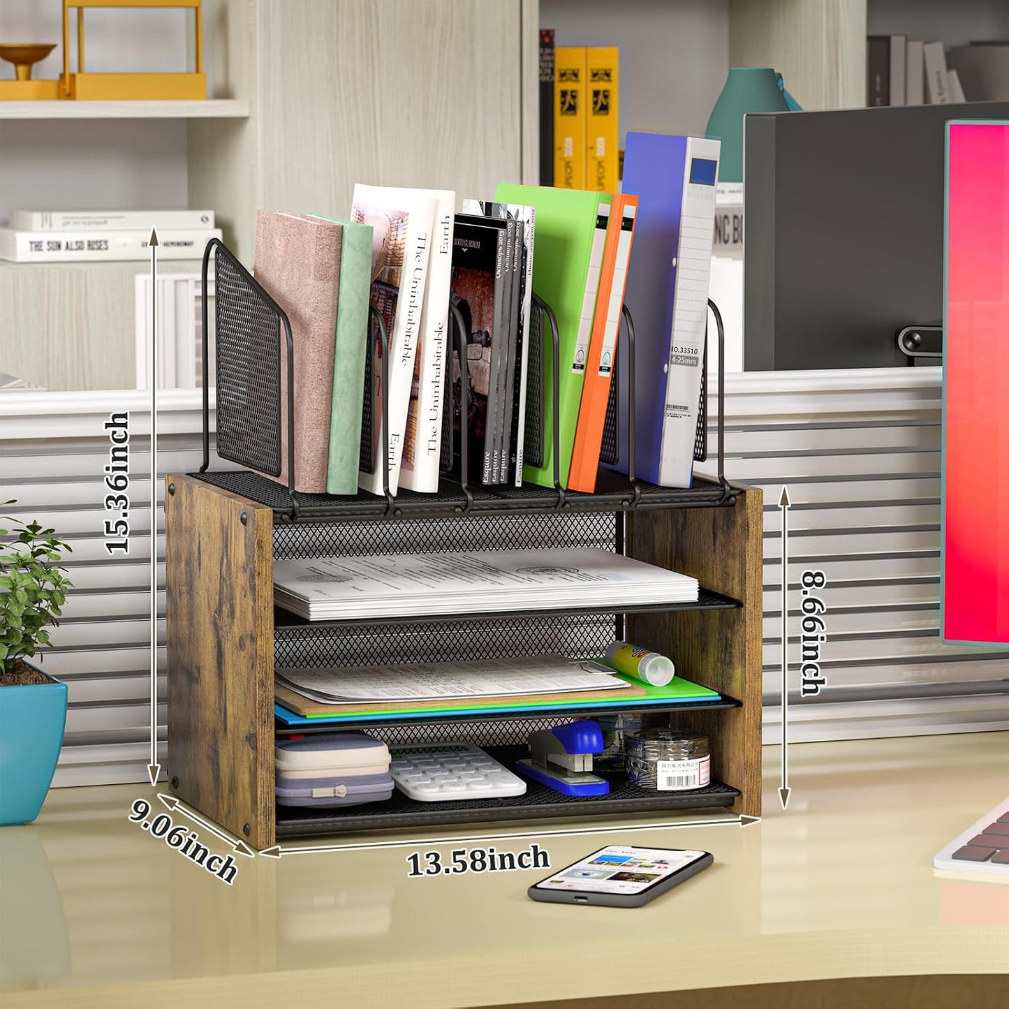4-Tier Desk Organizer, Desk File Organizer with 5 Vertical File Holders, Office Desktop Organizer with 3 Level Paper