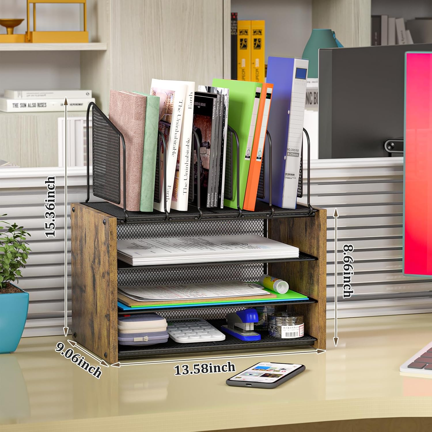 4-Tier Desk Organizer, Desk File Organizer with 5 Vertical File Holders, Office Desktop Organizer with 3 Level Paper