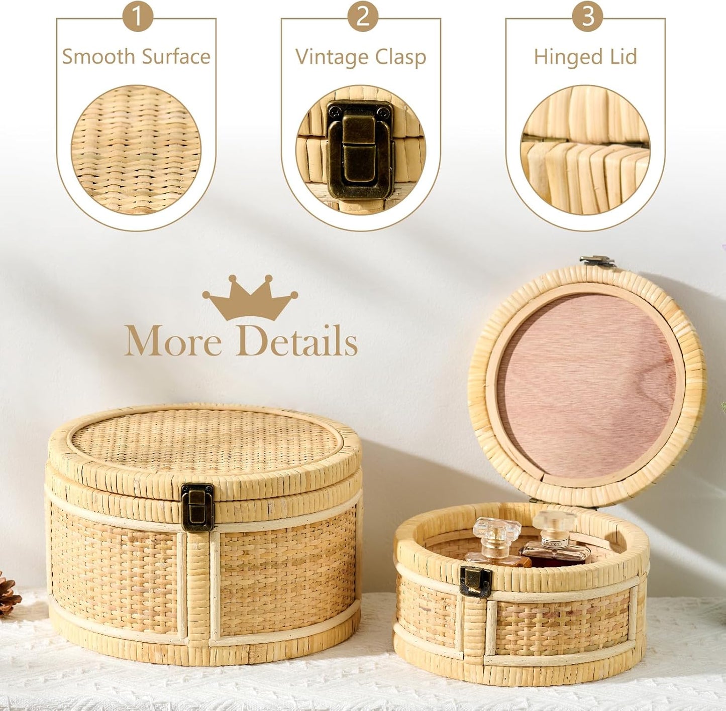 Lids Wooden Frame Decorative Rattan Round Baskets Set Handmade Woven Wicker / Natural / Set of 2
