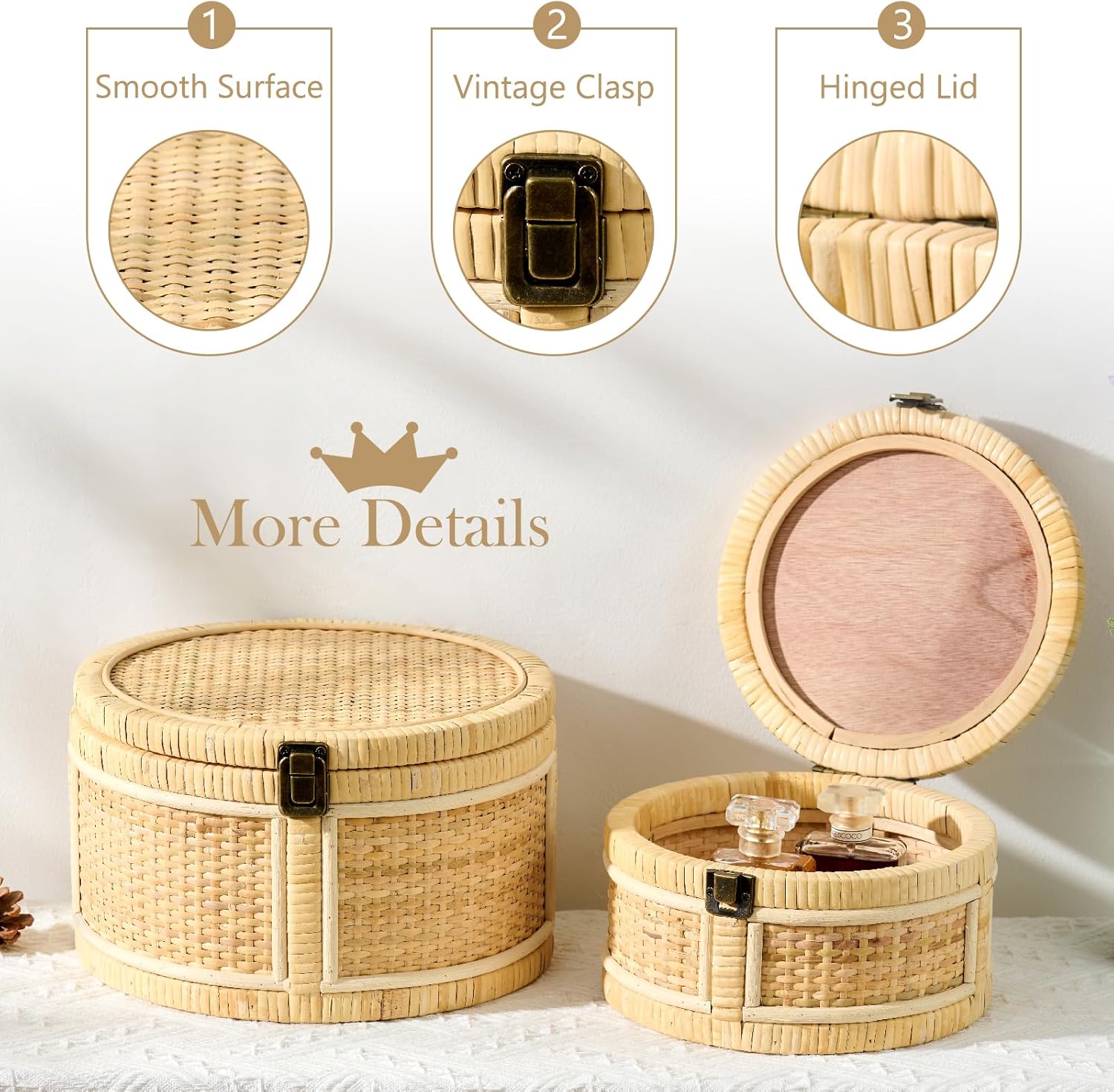 Lids Wooden Frame Decorative Rattan Round Baskets Set Handmade Woven Wicker / Natural / Set of 2