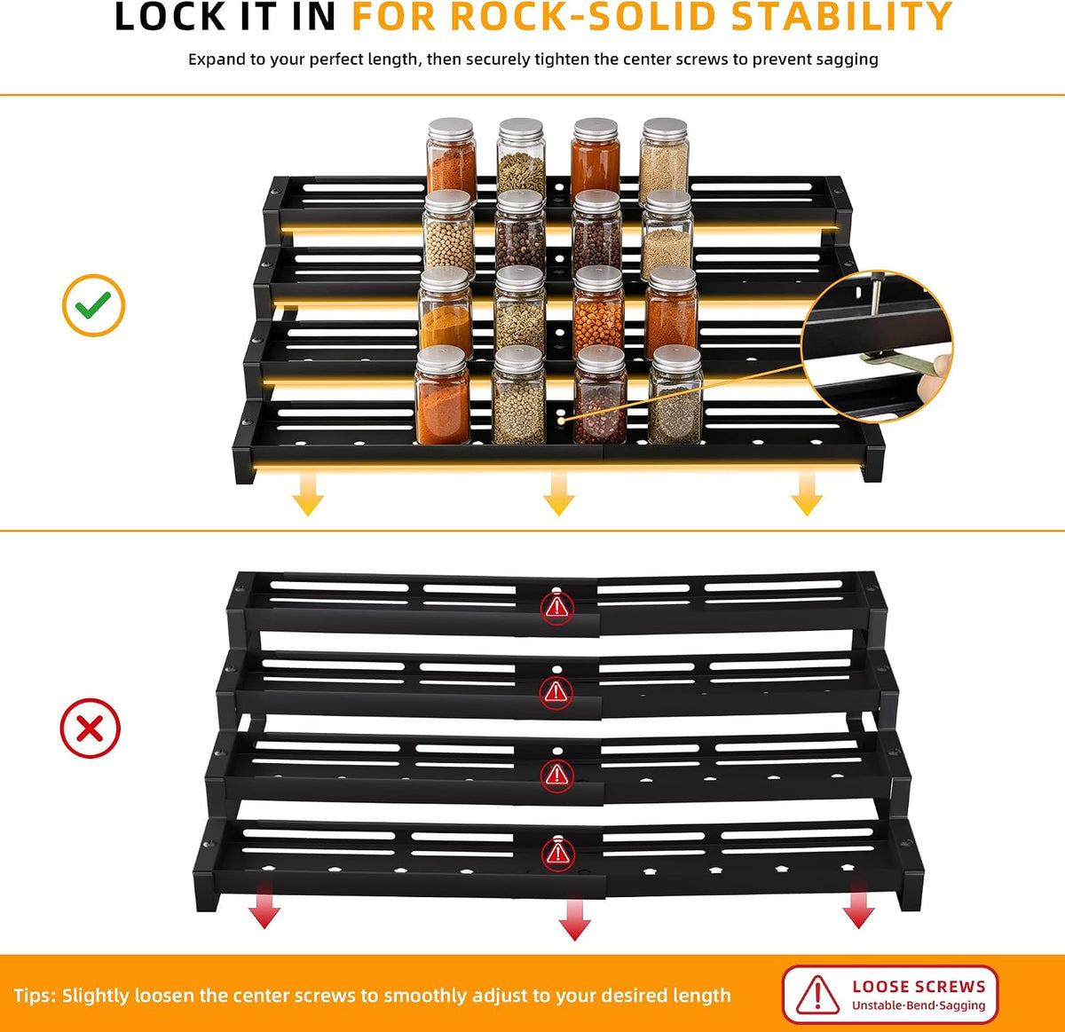 Spice Rack Organizer for Cabinet, 13-21.5" Expandable Spicy Shelf | 11.6" Depth 4-Tier Black Metal Seasoning Organizer