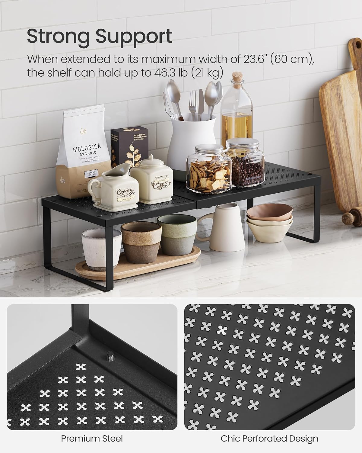 SONGMICS Spice Rack, Expandable Kitchen Countertop Shelf, Steel | Small Cupboard Organizer, Space-Saving, Tabletop