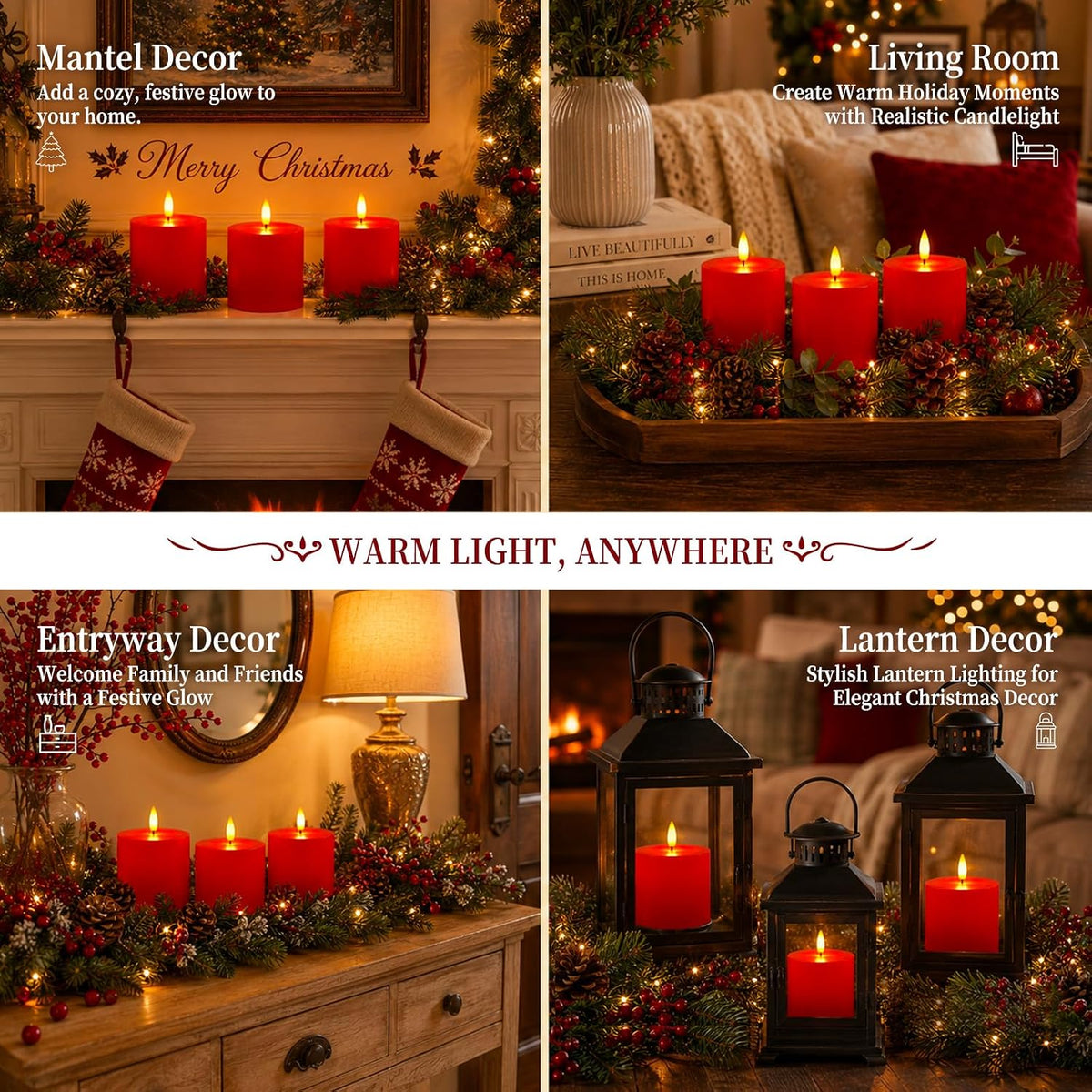 Homemory 3x3 Red Flameless Candles Battery Operated with Remote Timer, 2PC | Real Wax LED Pillar Candles with Realistic