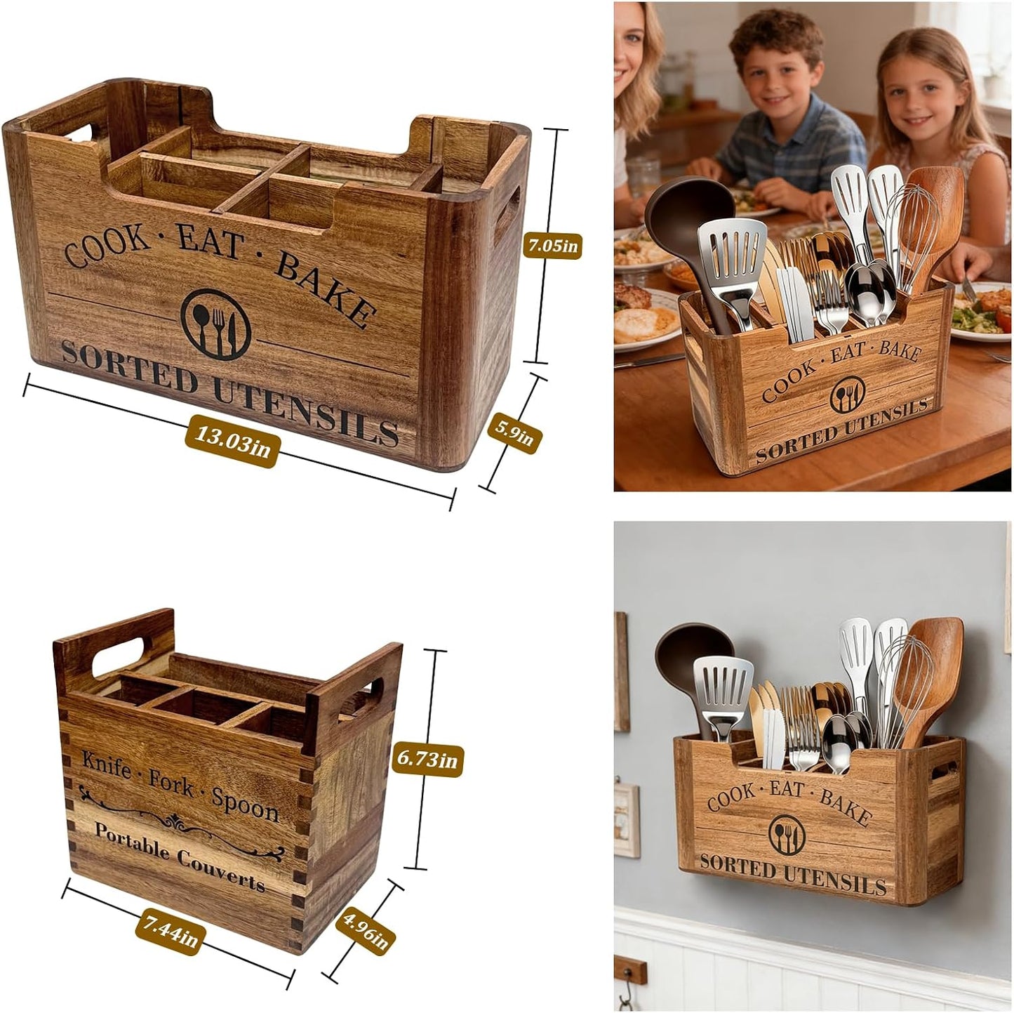 2-in-1 Acacia Wood Kitchen Utensil Holder with Removable Caddy | Farmhouse Kitchen Utensil Holder for Countertop