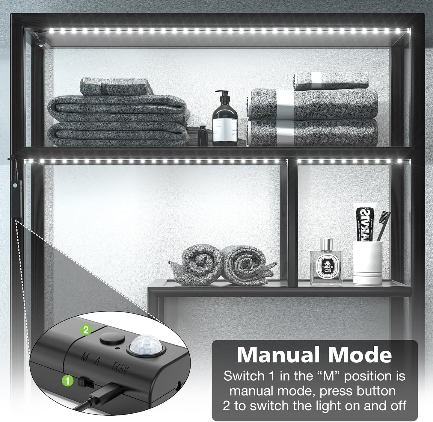 WOBANE Motion Sensor Closet Strip Lights, Rechargeable White LED Lighting | 2x6.56ft Motion Activated Battery Powered