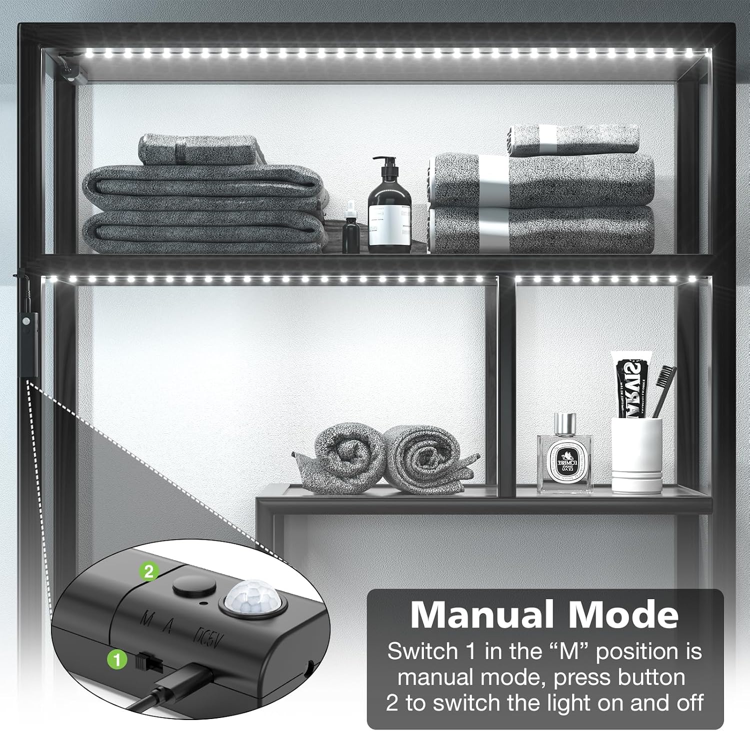 WOBANE Motion Sensor Closet Strip Lights, Rechargeable White LED Lighting | 2x6.56ft Motion Activated Battery Powered