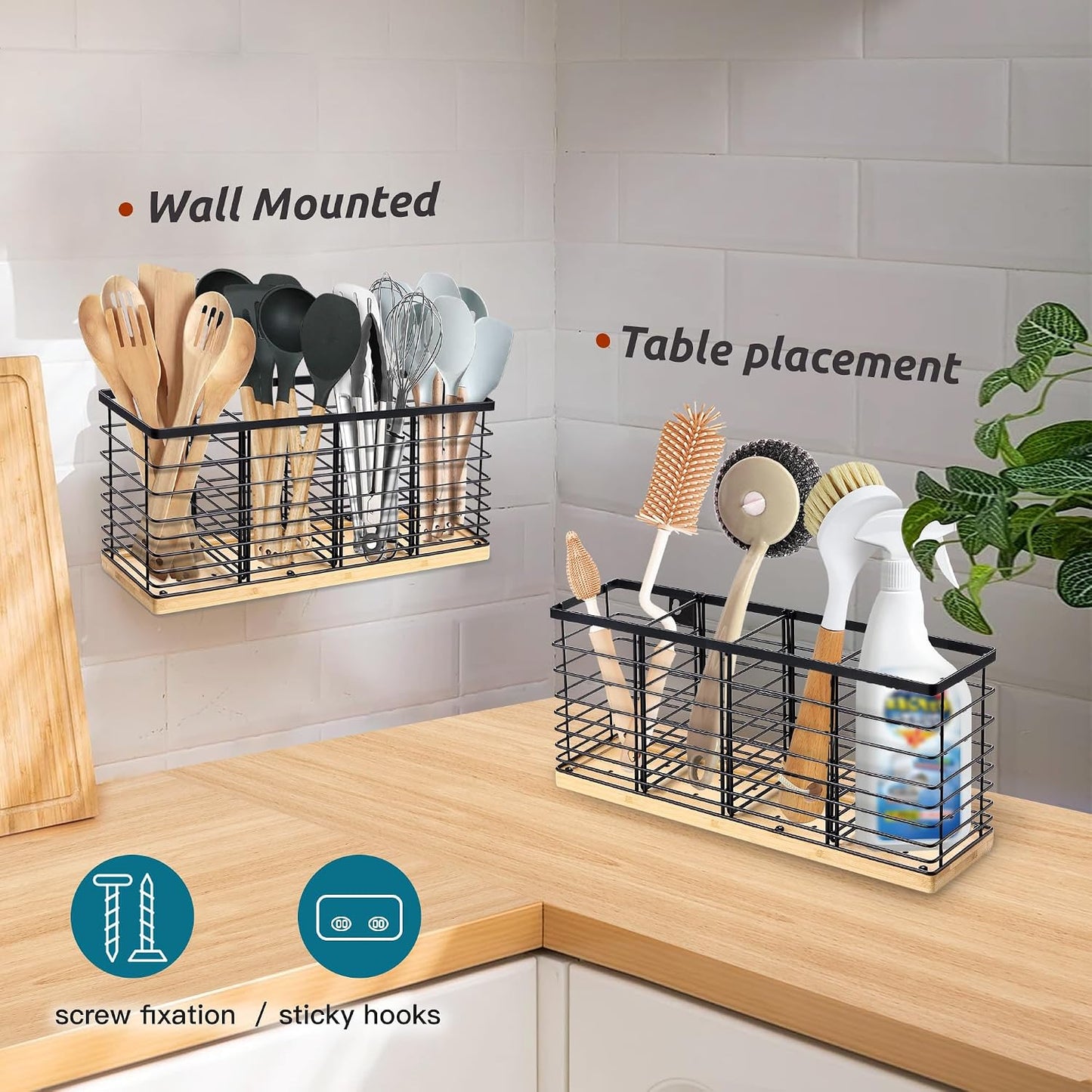 Suli Extra Large Kitchen Utensil Holder Countertop with Removable Divider | Counter&Wall Mounted,Hold 40