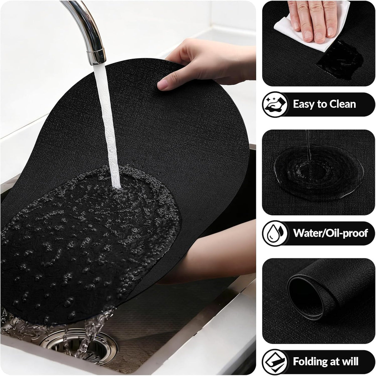 Placemats Set of 8, 11.8 x 17 Inch, Black | Heat Resistant Oval Faux Leather Place Mats, Waterproof Wipeable Reversible