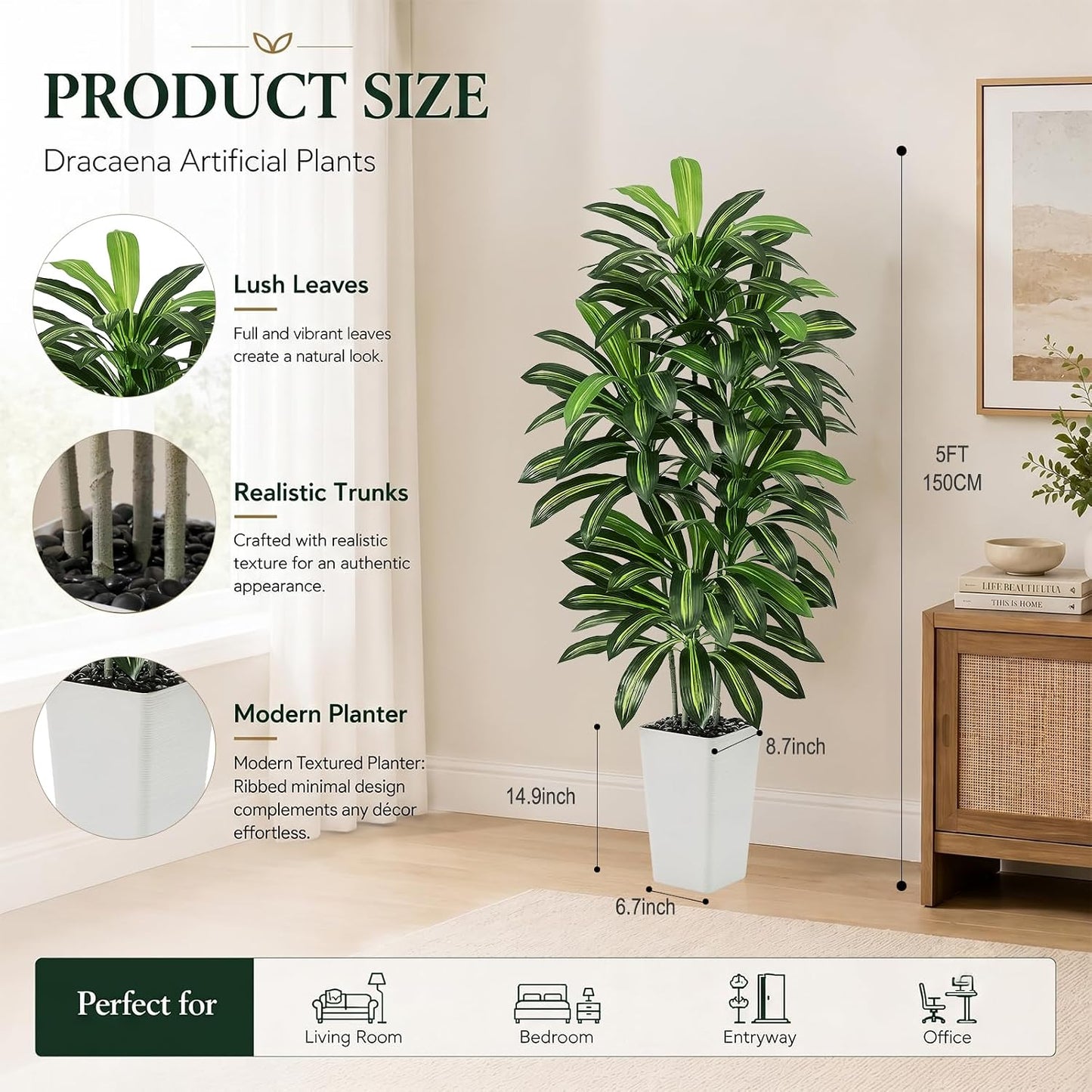 Artificial Plants Indoor Floor Plant in Pot / 5 FT / White / 5 Inch