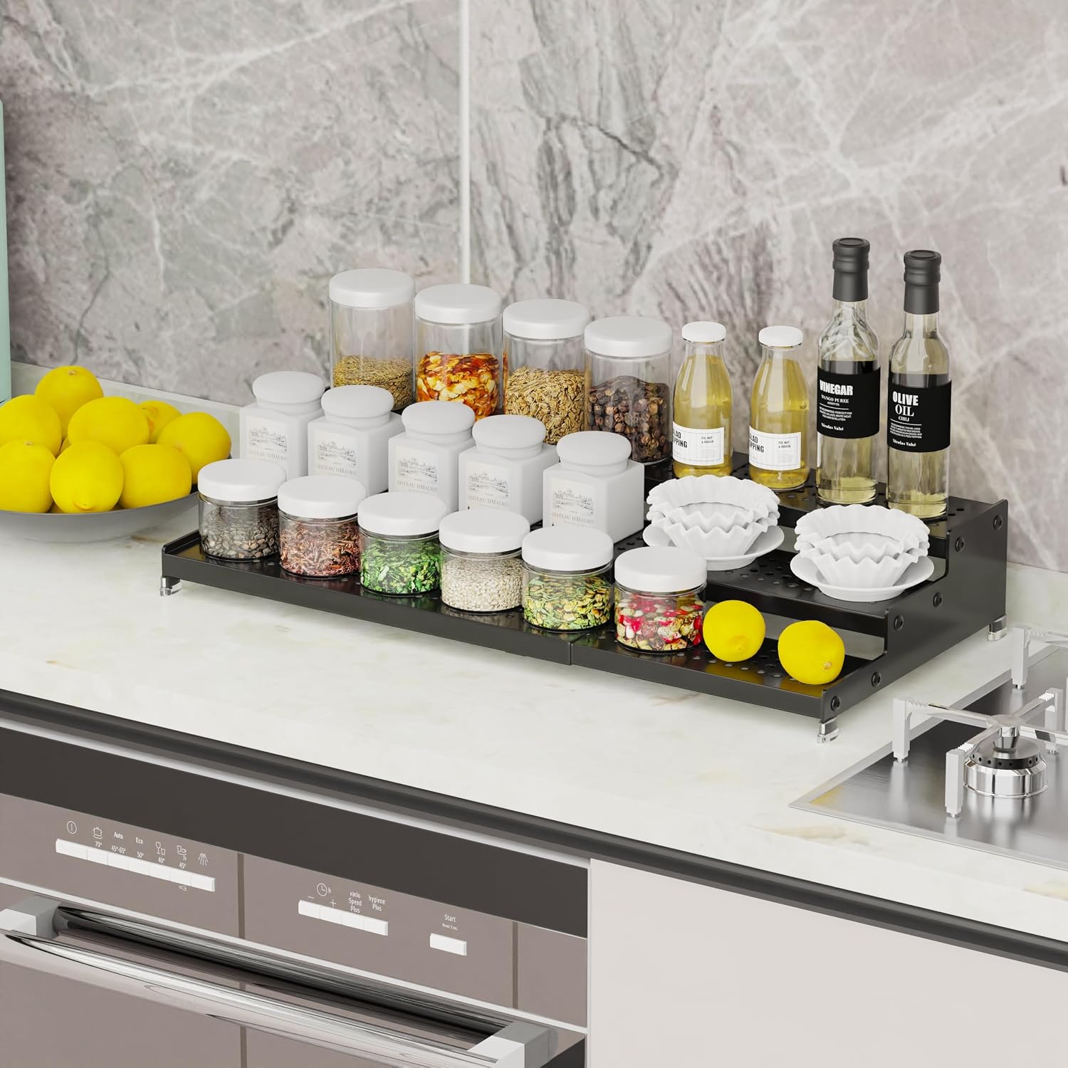 Expandable Spice Rack organizer with 3-Tier step shelf,Modern Design heavy duty,Non Skid and Visibility ,Great for