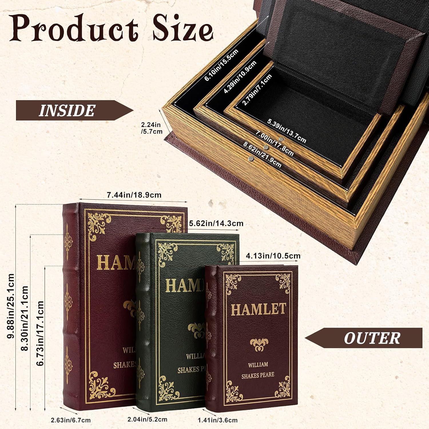 Wooden Hollow Book Box / Set of 3
