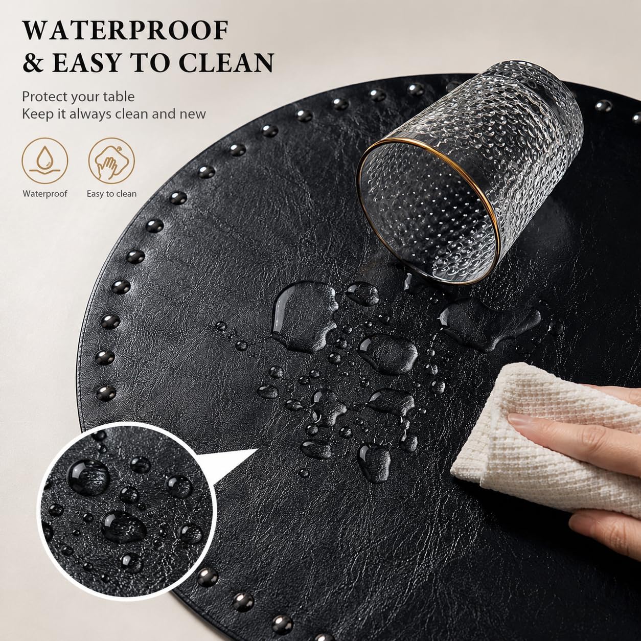 FAVE Black Faux Leather Placemats 13.78 Inches Round Placemat Set of 2 | Heat Resistant Place Mats for Kitchen Table