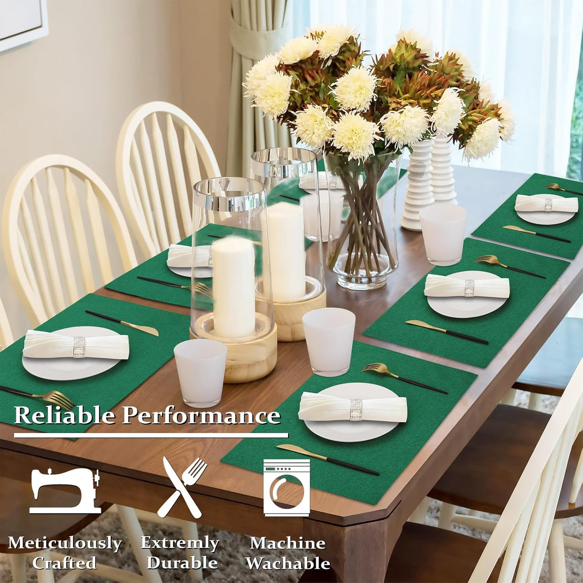 Cloth Placemats Set of 6, Cotton Linen Blend Place Mats, Green | Machine Washable, Double Layered, Heat Resistant