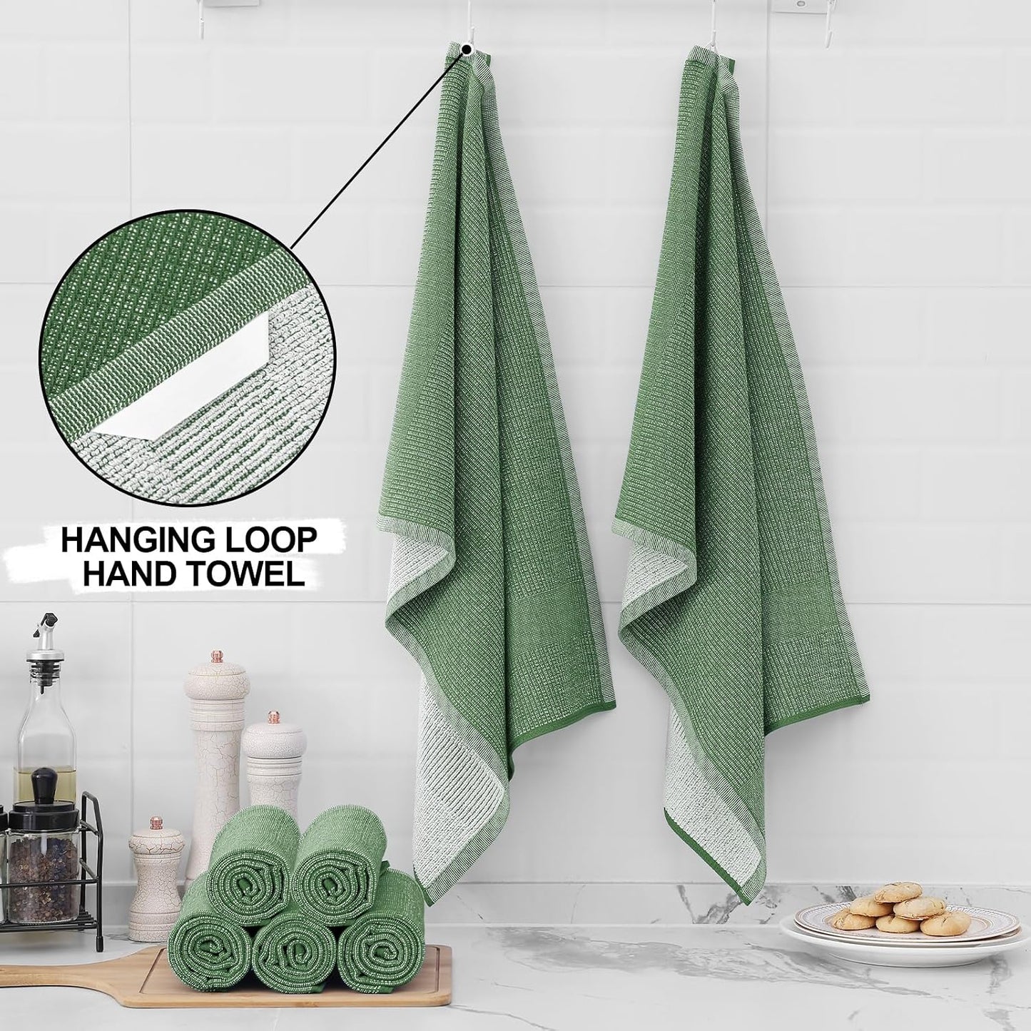 Homaxy 380 GSM Cotton Premium Kitchen Towels 6 Pack, 18"x 28", Grass Green | Flat and Terry Dish Towels, Highly