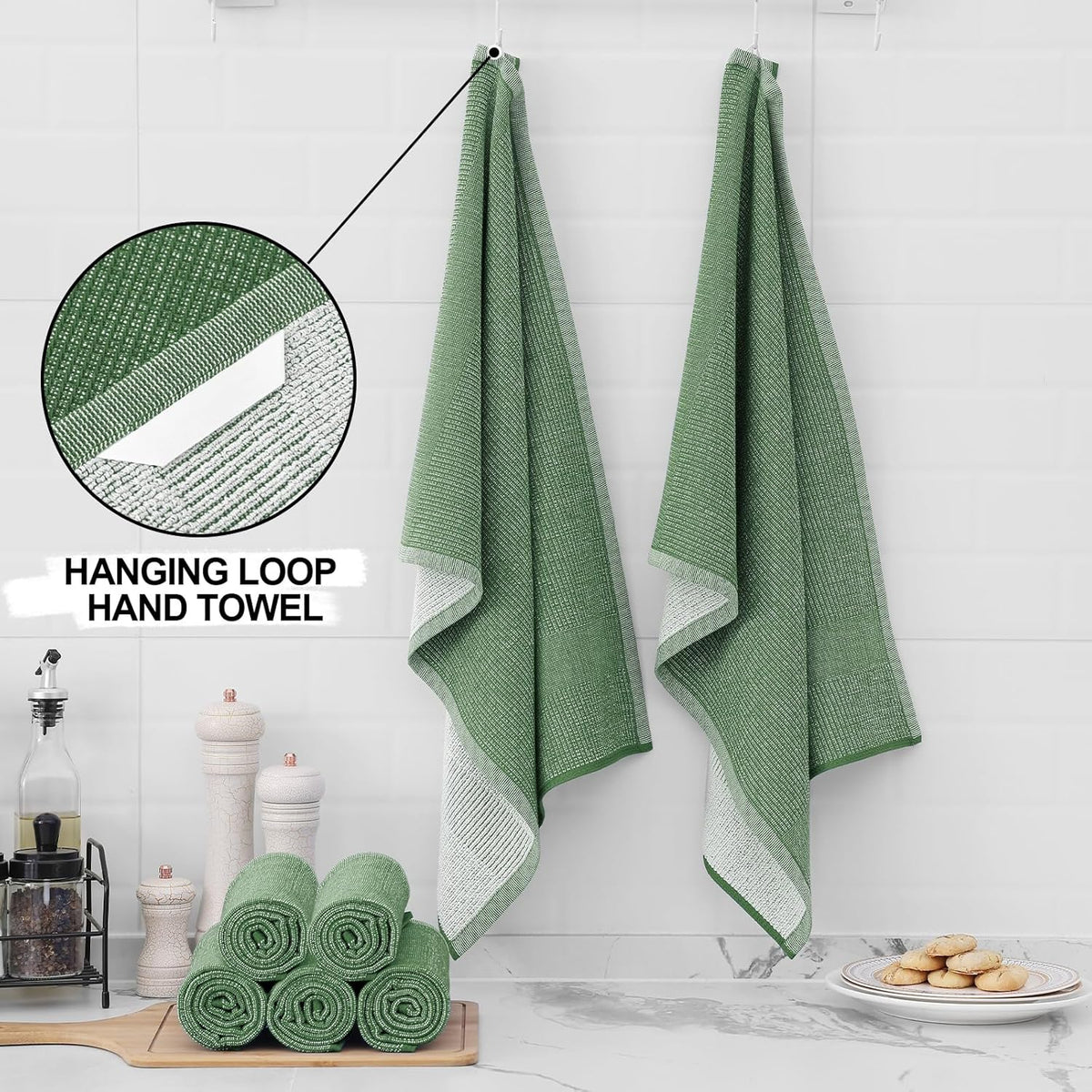 Homaxy 380 GSM Cotton Premium Kitchen Towels 8 Pack, 18"x 28", Grass Green | Flat and Terry Dish Towels, Highly