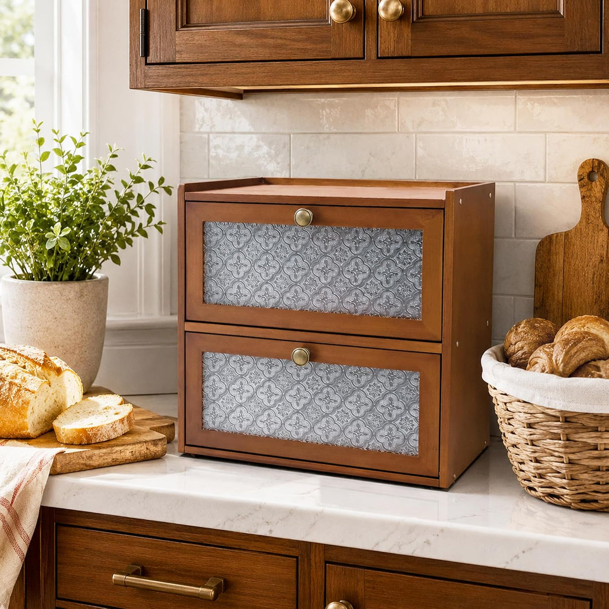 ETMI Vintage Bread Box for Kitchen Countertop - 2 Layer BreadBox Large Carbonized Bamboo Bread Storage Container