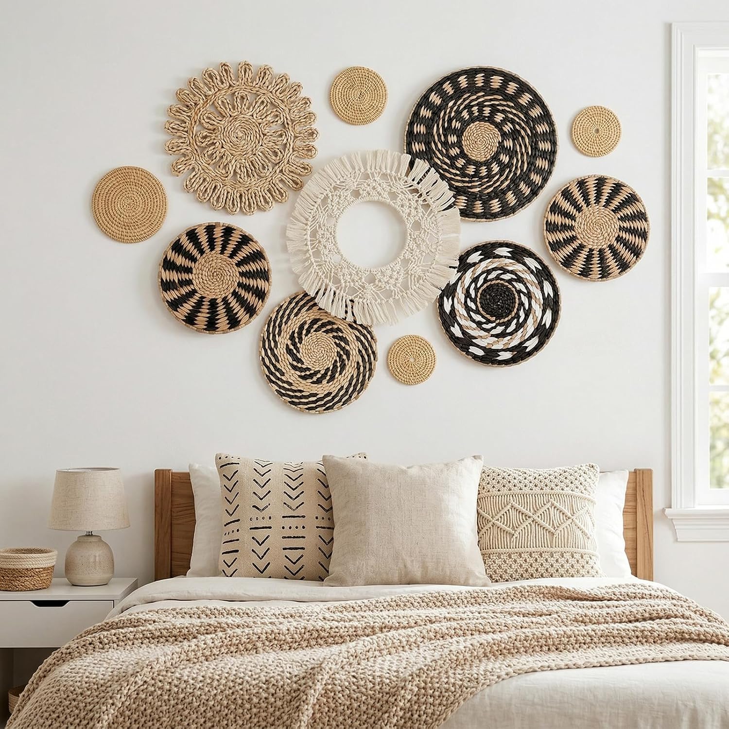 Boho Wall Basket Decor Decorative Bulrush Woven Basket Wall Decor Wicker Baskets / Set of 11