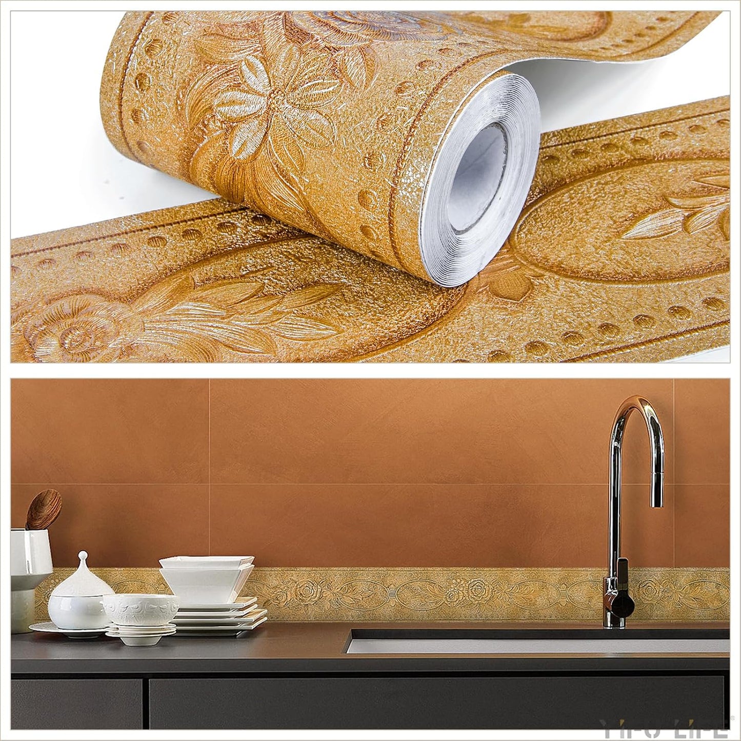 Wallpaper Border 3D Elegant Royal Peony Flower Peel and Stick Wall Border / Rose Golden / Gold