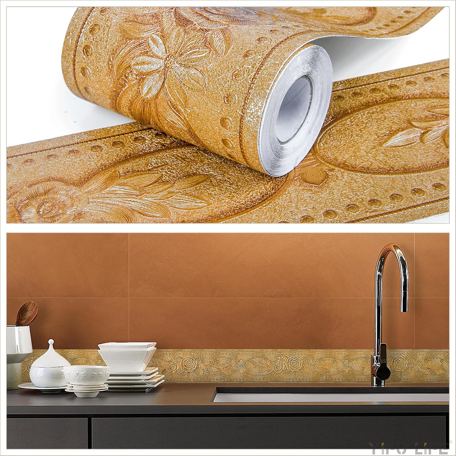 Wallpaper Border 3D Elegant Royal Peony Flower Peel and Stick Wall Border / Rose Golden / Gold
