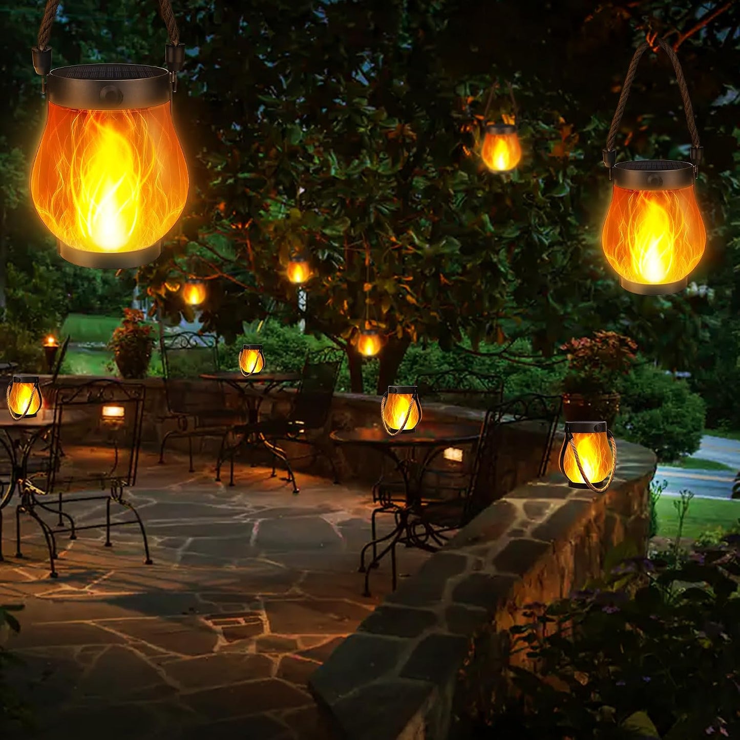 iBaycon 2 Pack Gen2 Solar Lantern Lights USB Ultra-Real Flame, Warm White | Solar Garden Lights with Solar & USB-C Dual