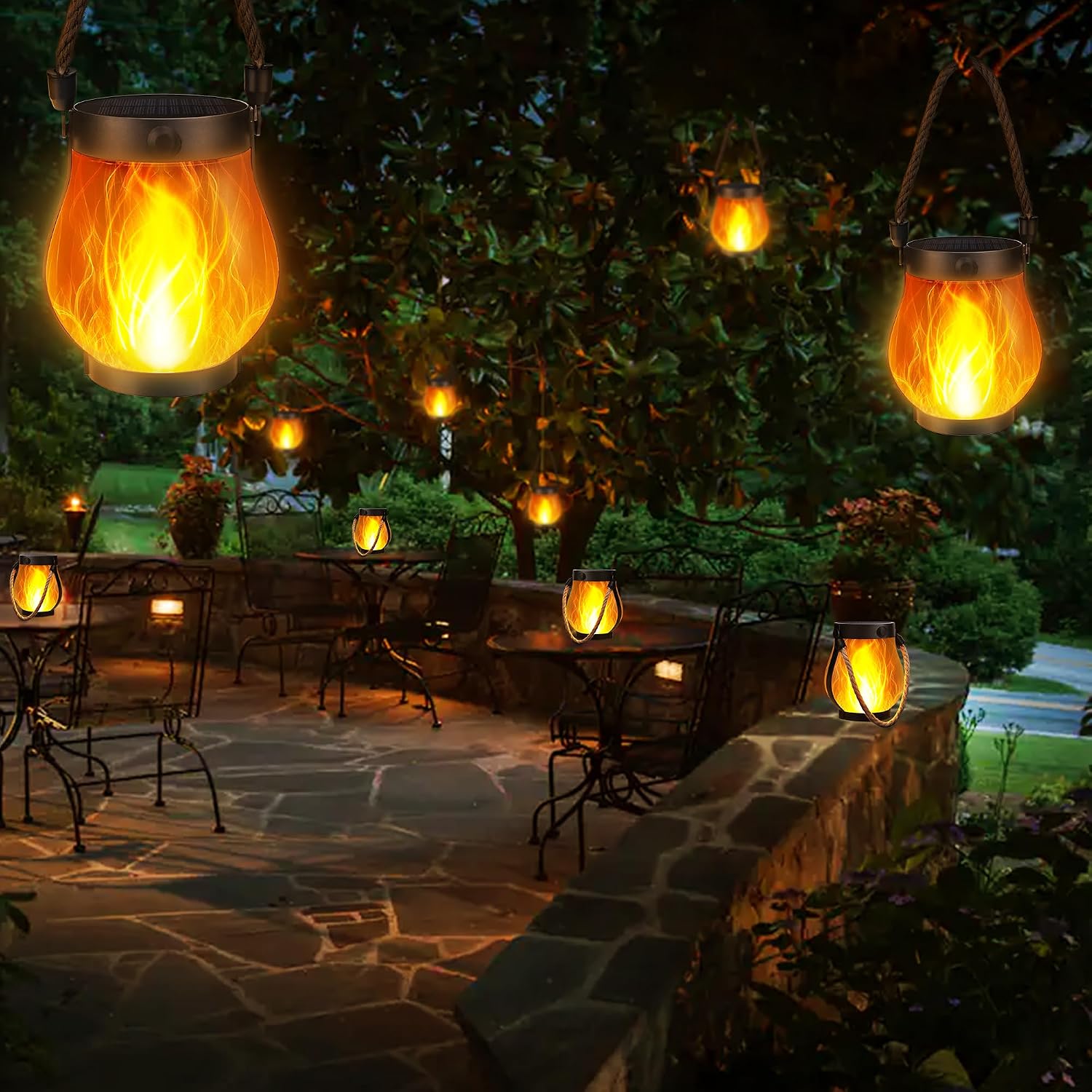 iBaycon 2 Pack Gen2 Solar Lantern Lights USB Ultra-Real Flame, Warm White | Solar Garden Lights with Solar & USB-C Dual