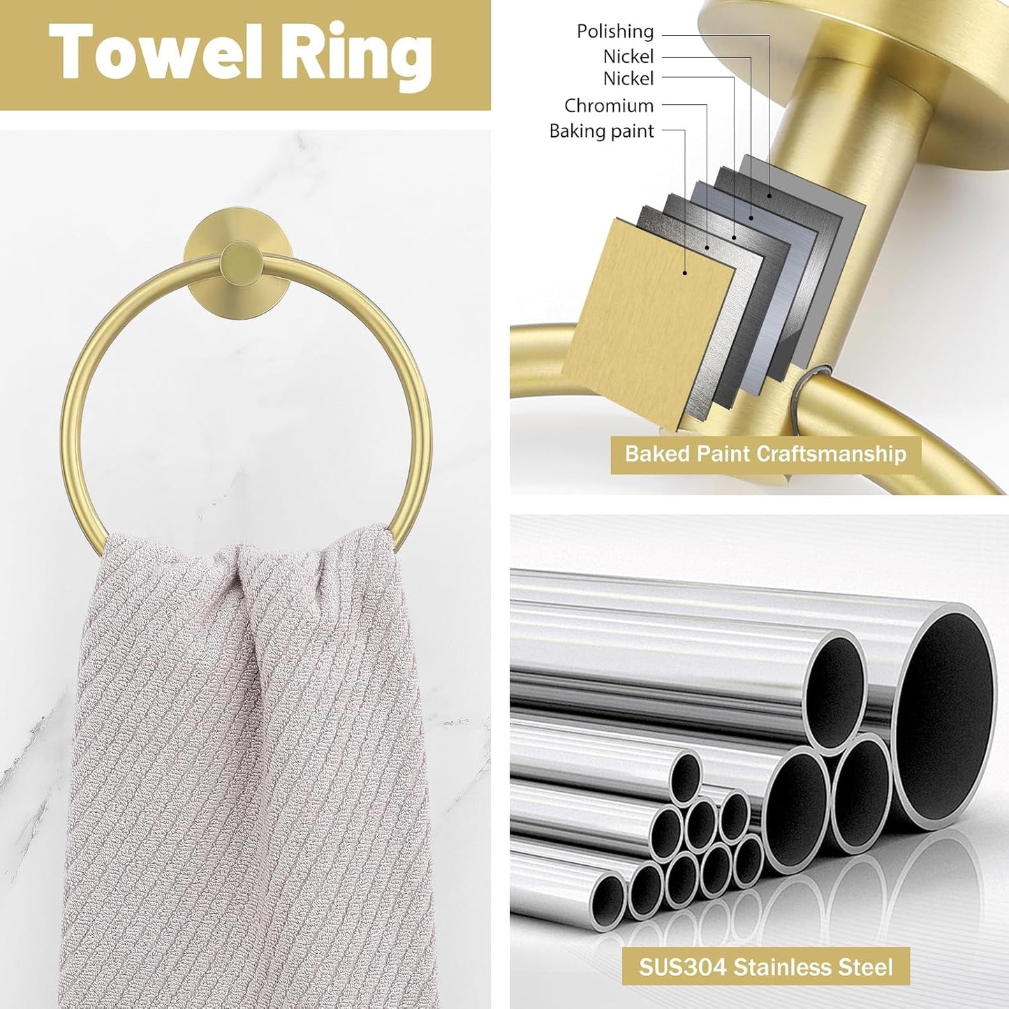 10 Pieces Brushed Gold Bathroom Hardware Towel Bar Set for Bathroom Wall, 23.6Inch Bathroom Accessories Set Upgraded