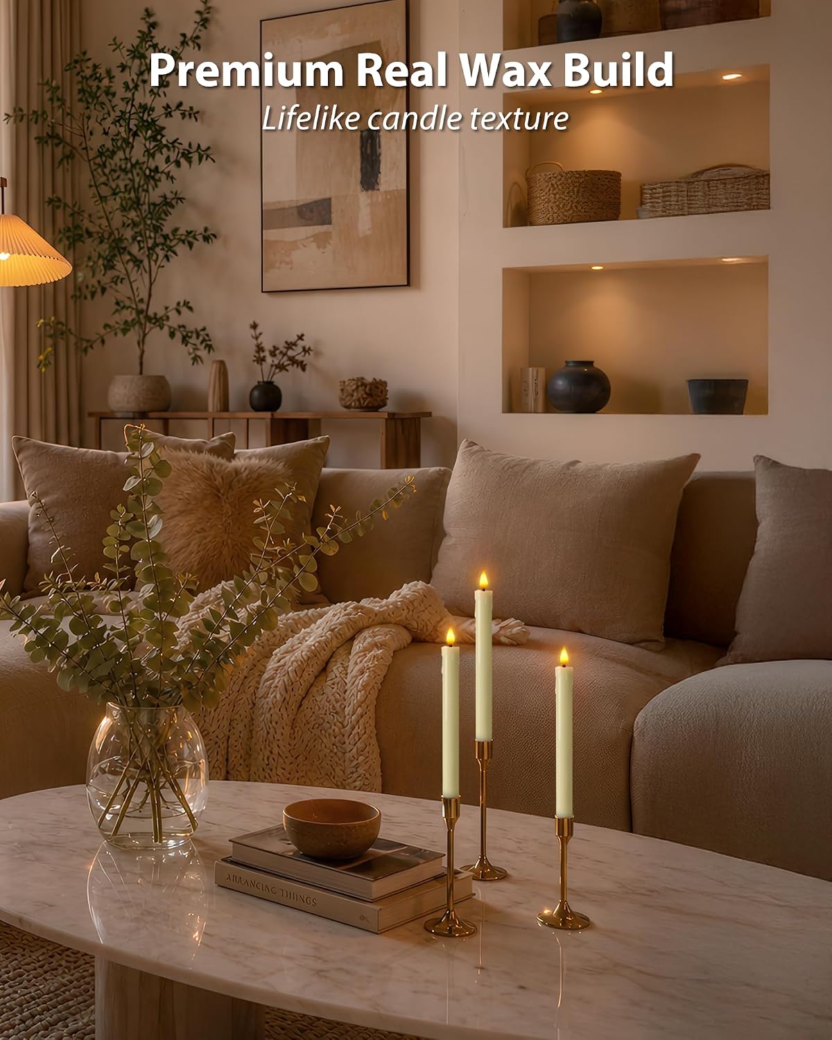 Homemory Rechargeable Waxy Flameless Taper Candles, 9.6 Inches LED Candle Sticks Flickering, Window Candles with Remote